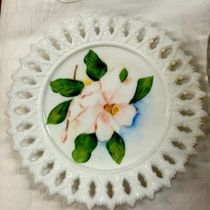 Milk Glass Plate Hand Painted Floral